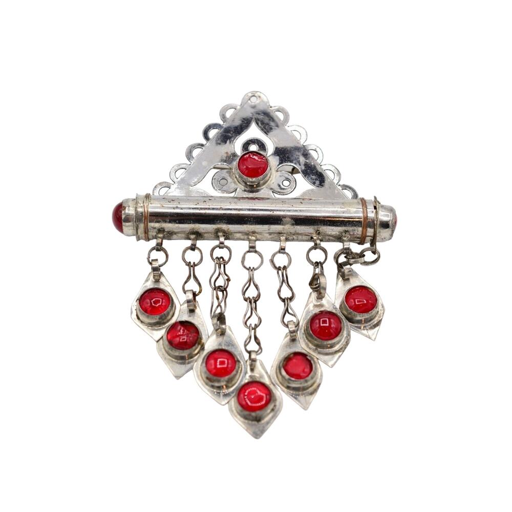 Art Deco Cabochon Pin Brooch Red Jelly Dangle Silver Tone Antique Vintage Bin1